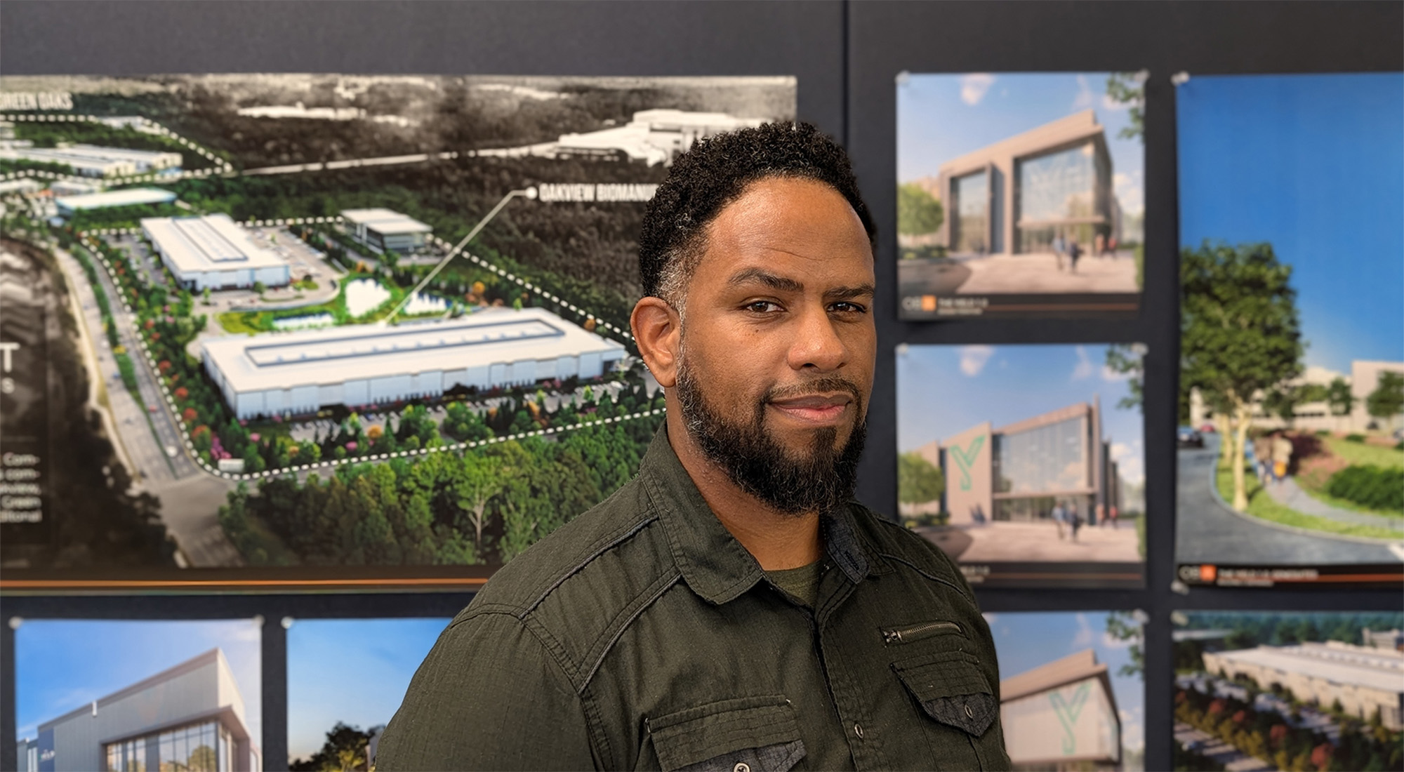 Headshot of an employee in front of a wall of project images